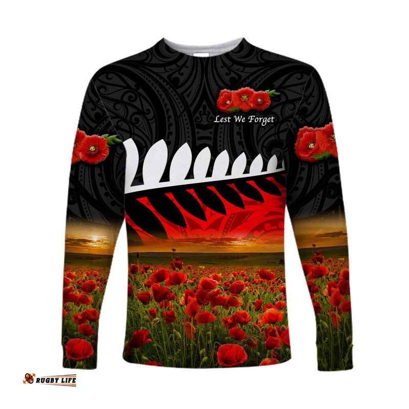 Custom Personalised New Zealand Maori ANZAC Long Sleeve T-shirt Poppy Black