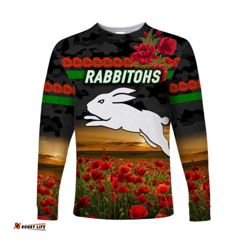 South Sydney Rabbitohs ANZAC Long Sleeve T-shirt Poppy Flowers Black