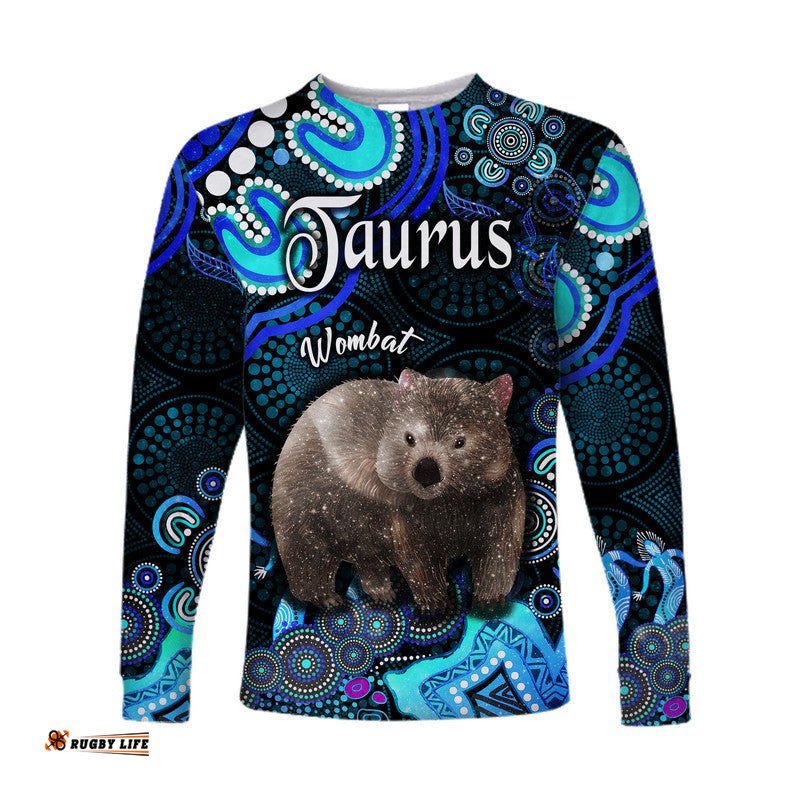 Custom Personalised Australian Astrology Long Sleeve T-shirt Taurus Wombat Zodiac Aboriginal Blue