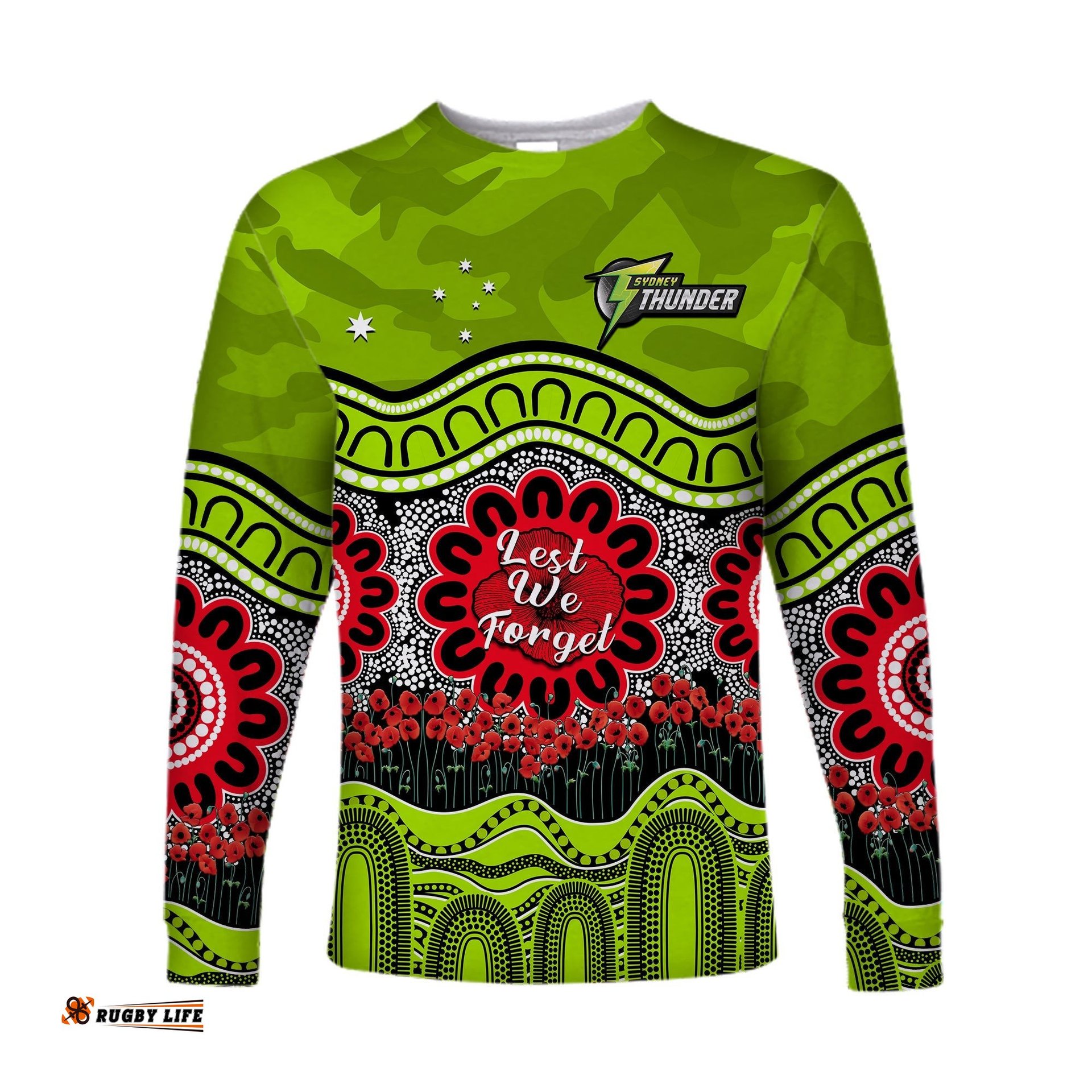Custom Text And Number Thunder Cricket ANZAC Long Sleeve T-shirt Poppy Sydney Aboriginal Camouflage