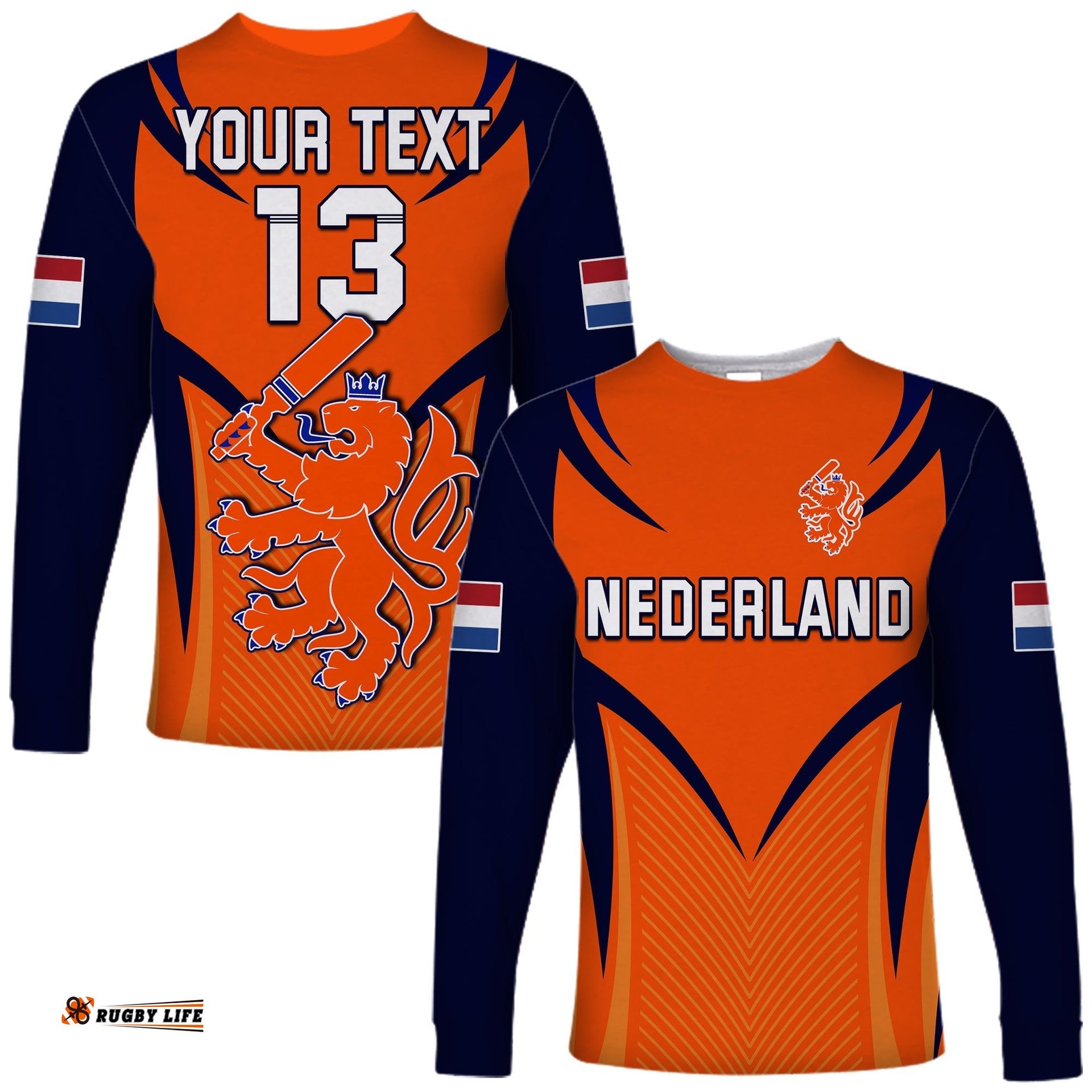 Custom Text and Number Netherlands Cricket Long Sleeve T-shirt T20 World Cup Nederland Lion