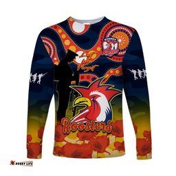 Roosters Rugby ANZAC Long Sleeve T-shirt Dots Poppy Mix Camouflage Lest We Forget