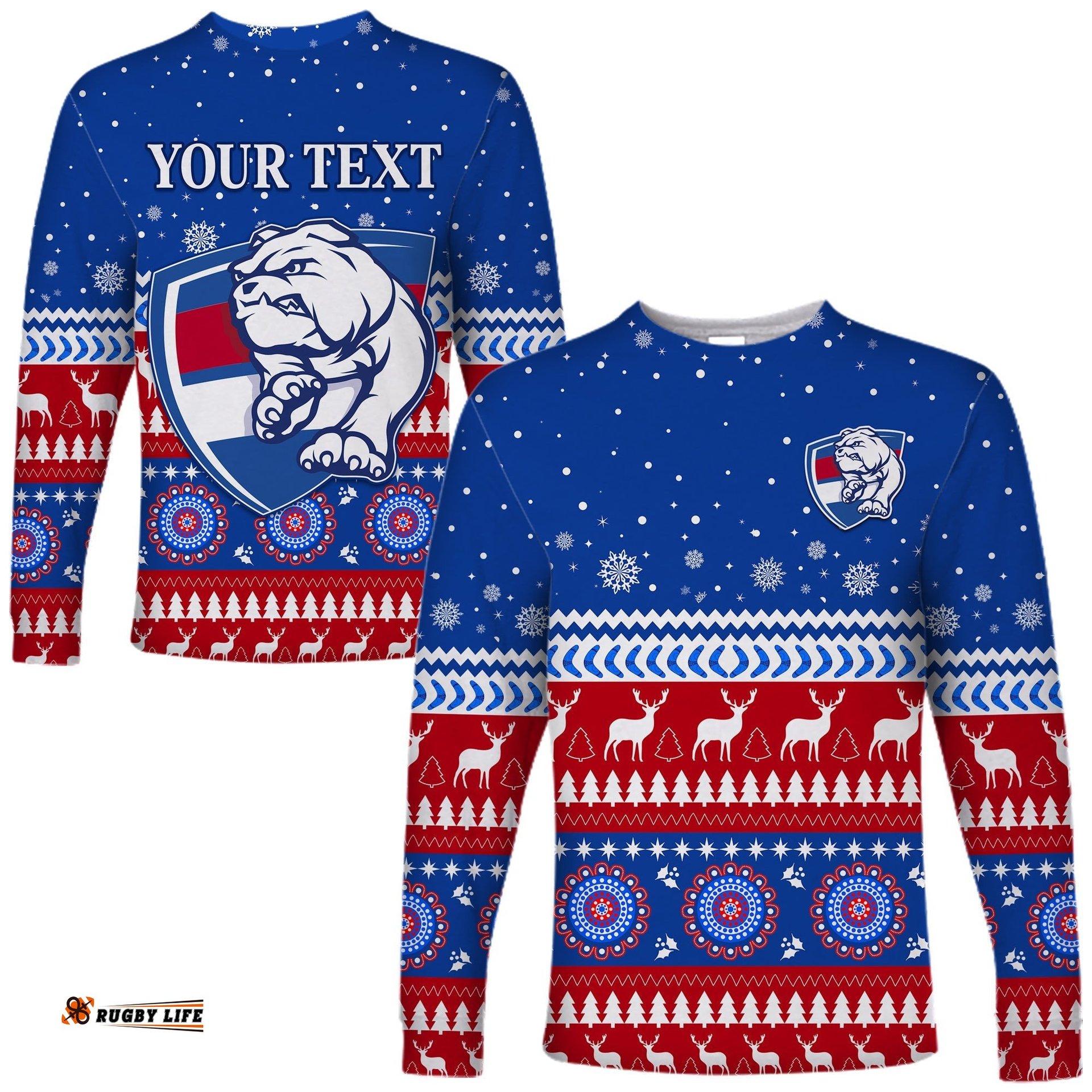 Custom Personalised Bulldogs Football Christmas Long Sleeve T-shirt Western Bulldogs