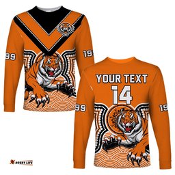 Custom Text And Number Wests Tigers Long Sleeve T-shirt Indigenous Artsy