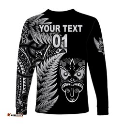 Custom Personalised New Zealand Haka Rugby Maori Long Sleeve T-shirt Silver Fern Black