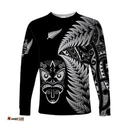 Custom Personalised New Zealand Haka Rugby Maori Long Sleeve T-shirt Silver Fern Black