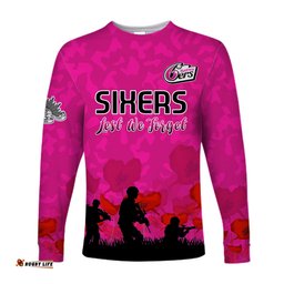 Custom Text and Number Sydney Sixers Cricket Long Sleeve T-shirt Anzac Day Camouflage Poppy Lest We Forget