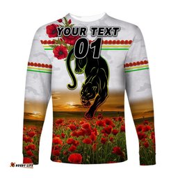 Custom Personalised Penrith Panthers ANZAC Long Sleeve T-shirt Poppy Flowers White