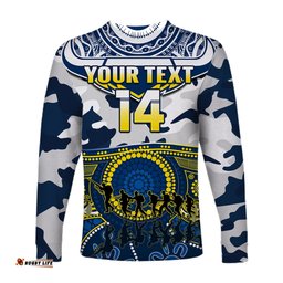 Custom Text And Number Cowboys Rugby ANZAC Long Sleeve T-shirt Indigenous Poppy Mix Camouflage