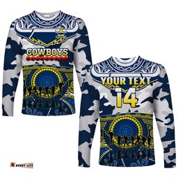 Custom Text And Number Cowboys Rugby ANZAC Long Sleeve T-shirt Indigenous Poppy Mix Camouflage