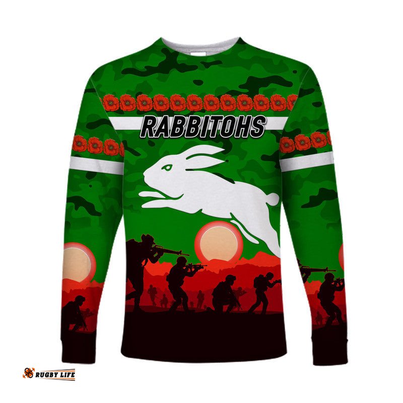 Custom Personalised South Sydney Rabbitohs ANZAC Long Sleeve T-shirt Simple Style Green