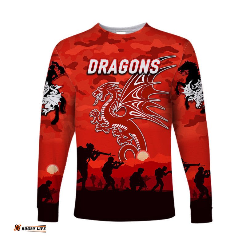 Custom Personalised St. George Illawarra Dragons ANZAC Long Sleeve T-shirt Simple Style Red