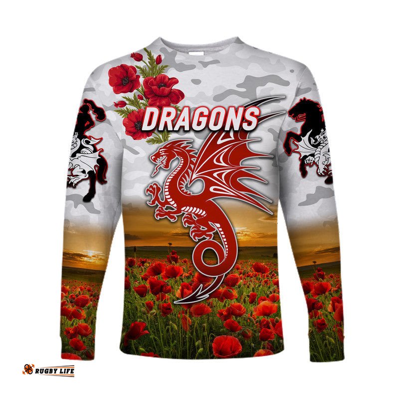 Custom Personalised St. George Illawarra Dragons ANZAC Long Sleeve T-shirt Poppy Flowers White