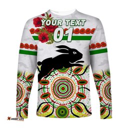 Custom Personalised South Sydney Rabbitohs ANZAC Long Sleeve T-shirt Indigenous White