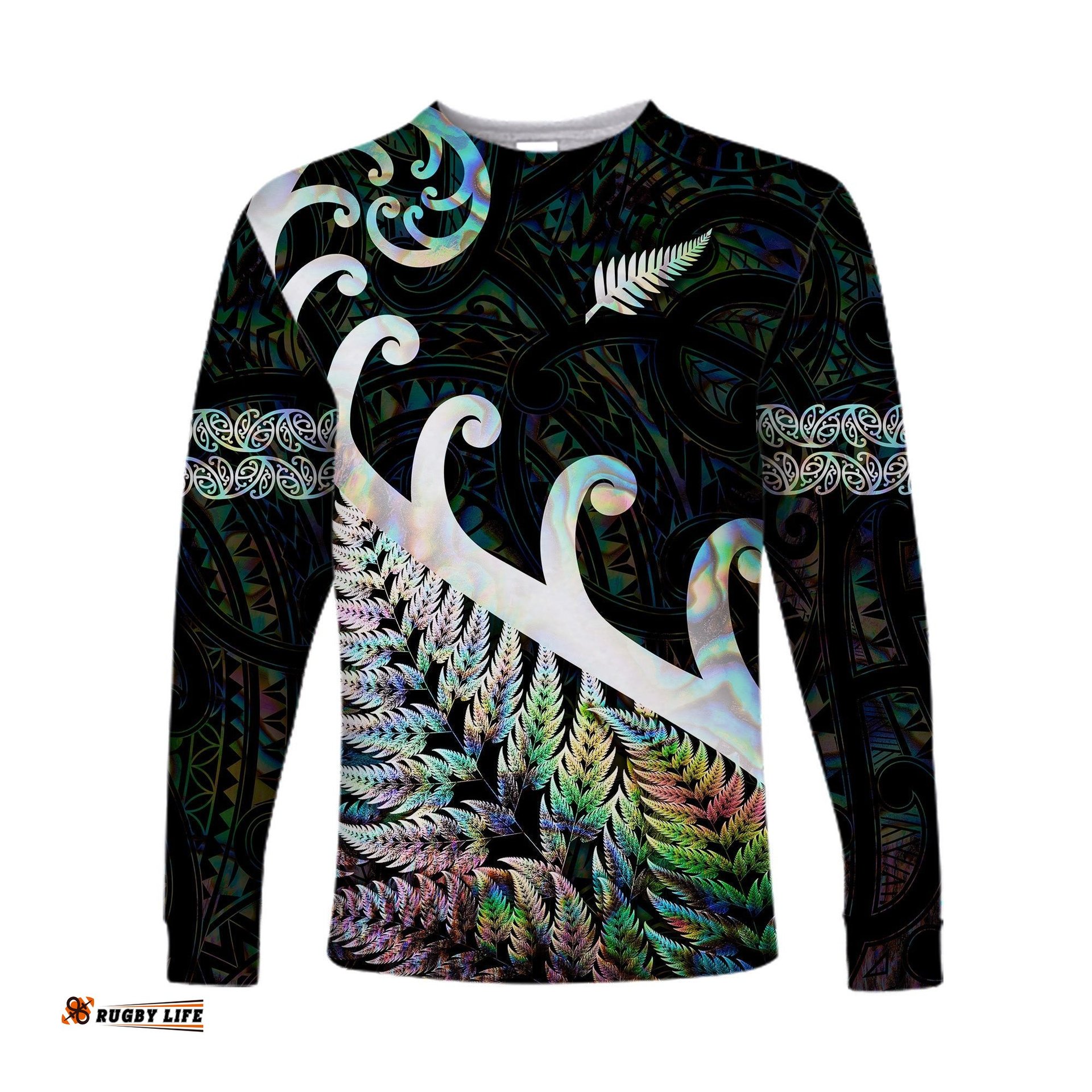 Custom Personalised New Zealand Rugby Maori Long Sleeve T-shirt Silver Fern Koru Paua Shell