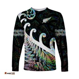 Custom Personalised New Zealand Rugby Maori Long Sleeve T-shirt Silver Fern Koru Paua Shell