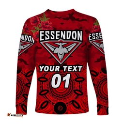 Custom Personalised Essendon Bombers ANZAC Long Sleeve T-shirt Indigenous Red