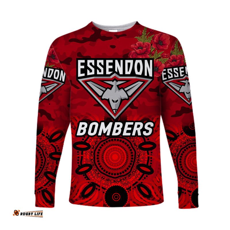 Custom Personalised Essendon Bombers ANZAC Long Sleeve T-shirt Indigenous Red