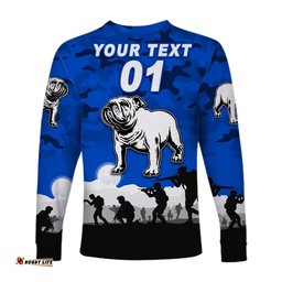 Custom Personalised Canterbury Bankstown Bulldogs ANZAC Long Sleeve T-shirt Simple Style Blue