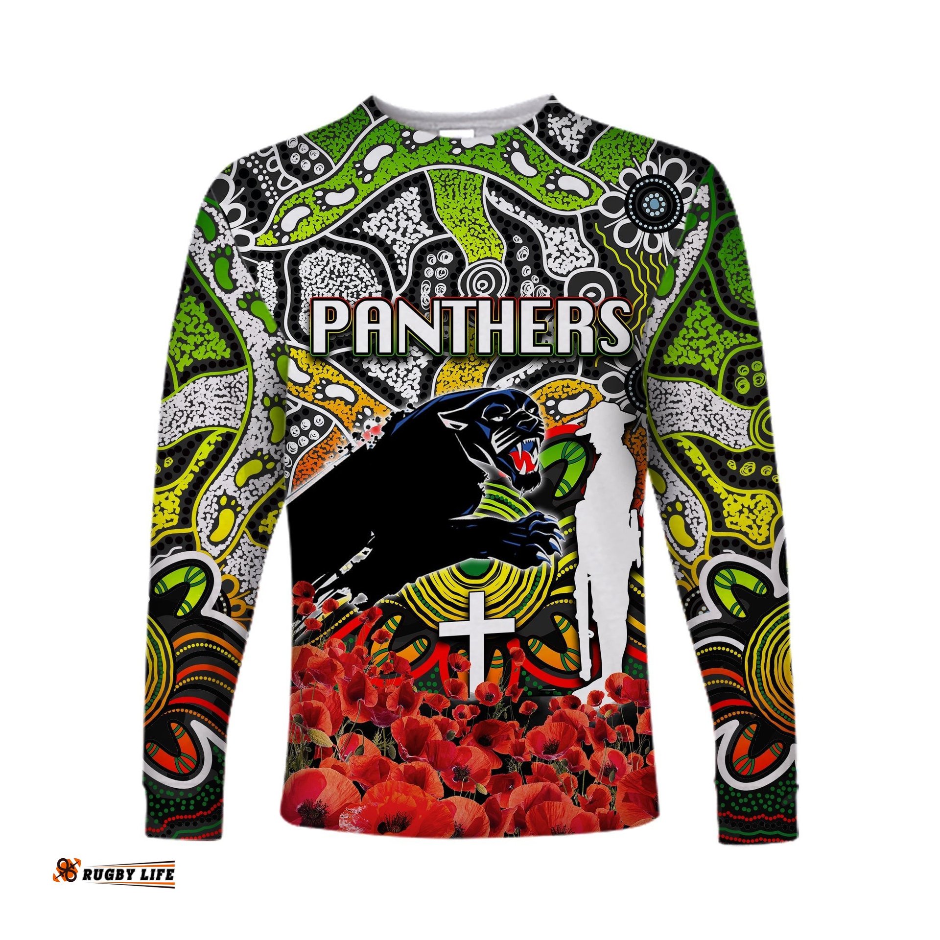 Panthers Long Sleeve T-shirts Anzac Day Poppy Flowers With Aboriginal