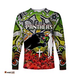 Panthers Long Sleeve T-shirts Anzac Day Poppy Flowers With Aboriginal