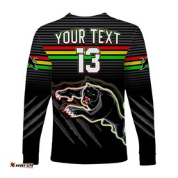 Custom Text and Number Panthers Proud Long Sleeve T-shirt Back to Back Premiers Version Black