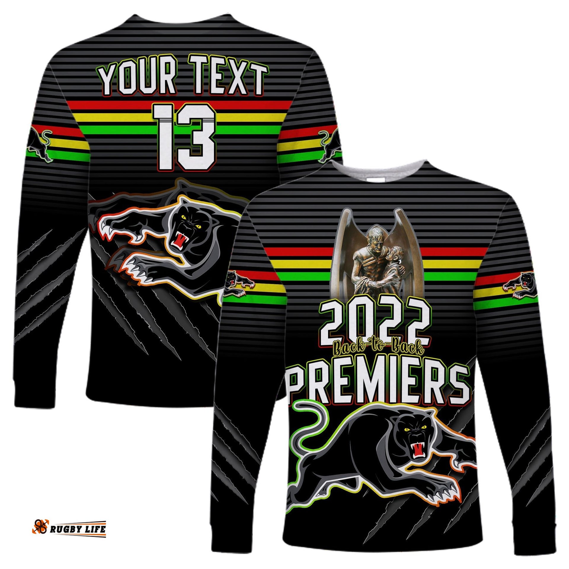 Custom Text and Number Panthers Proud Long Sleeve T-shirt Back to Back Premiers Version Black