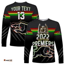 Custom Text and Number Panthers Proud Long Sleeve T-shirt Back to Back Premiers Version Black