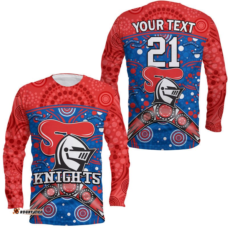 Custom Personalised Knights Rugby Long Sleeve T-shirt Novocastrians Boomerang Indigenous Dots