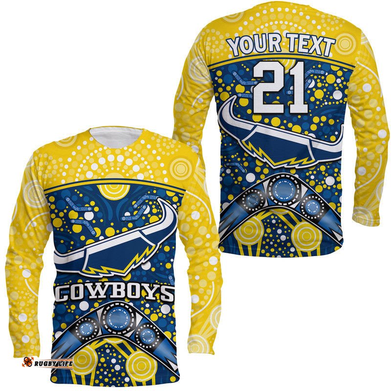Custom Personalised Cowboys Rugby Long Sleeve T-shirt Boomerang Indigenous Dots