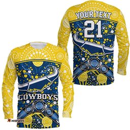 Custom Personalised Cowboys Rugby Long Sleeve T-shirt Boomerang Indigenous Dots