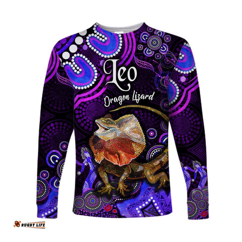Custom Personalised Australian Astrology Long Sleeve T-shirt Leo Dragon Lizard Zodiac Aboriginal Purple