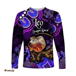 Custom Personalised Australian Astrology Long Sleeve T-shirt Leo Dragon Lizard Zodiac Aboriginal Purple