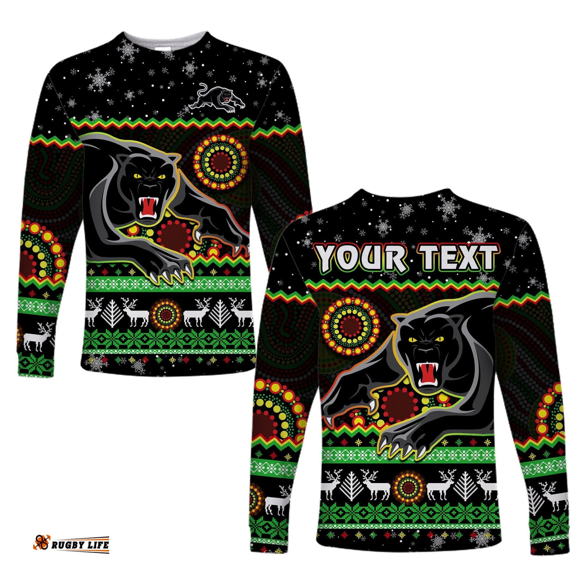 Custom Personalised Panthers Christmas Long Sleeve T-shirt Aboriginal Pattern Penrith Black Version