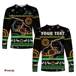 Custom Personalised Panthers Christmas Long Sleeve T-shirt Aboriginal Pattern Penrith Black Version