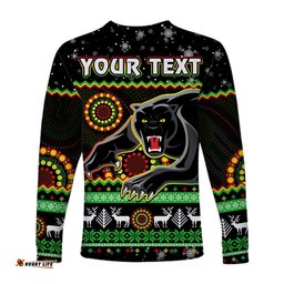 Custom Personalised Panthers Christmas Long Sleeve T-shirt Aboriginal Pattern Penrith Black Version
