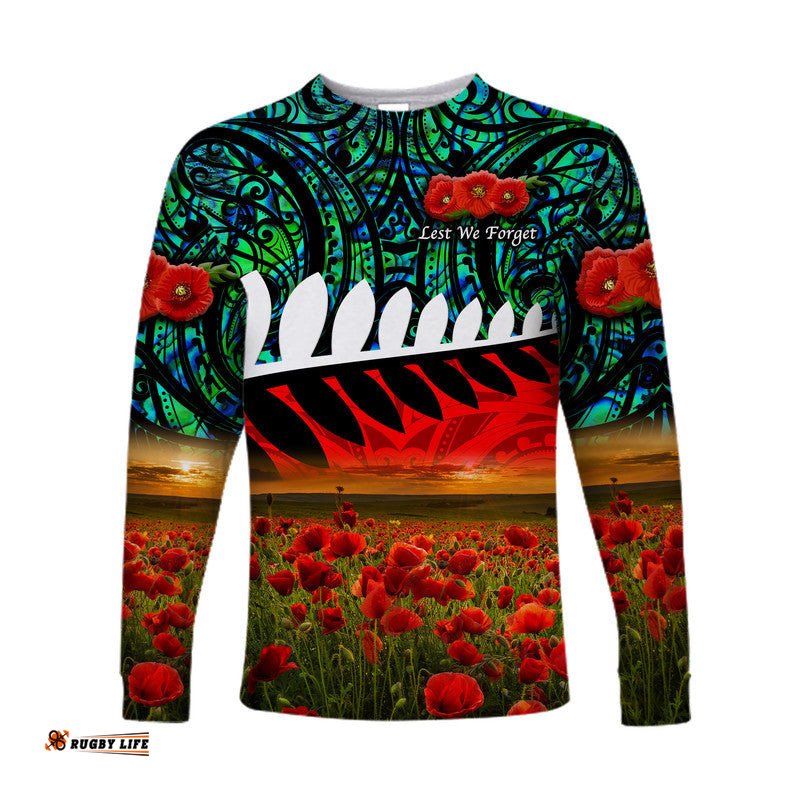 New Zealand Maori ANZAC Long Sleeve T-shirt Poppy Turquoise