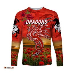 Custom Personalised St. George Illawarra Dragons ANZAC Long Sleeve T-shirt Poppy Flowers Red
