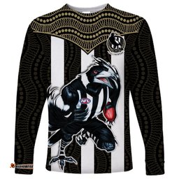 Custom Text And Number Magpies Football Long Sleeve T-shirt Collingwood 1892 Indigenous Sporty Style
