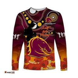 Custom Text And Number Brisbane Broncos Rugby ANZAC Long Sleeve T-shirt Aboriginal Mix Poppy Lest We Forget