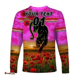 Custom Personalised Penrith Panthers ANZAC Long Sleeve T-shirt Poppy Flowers Pink