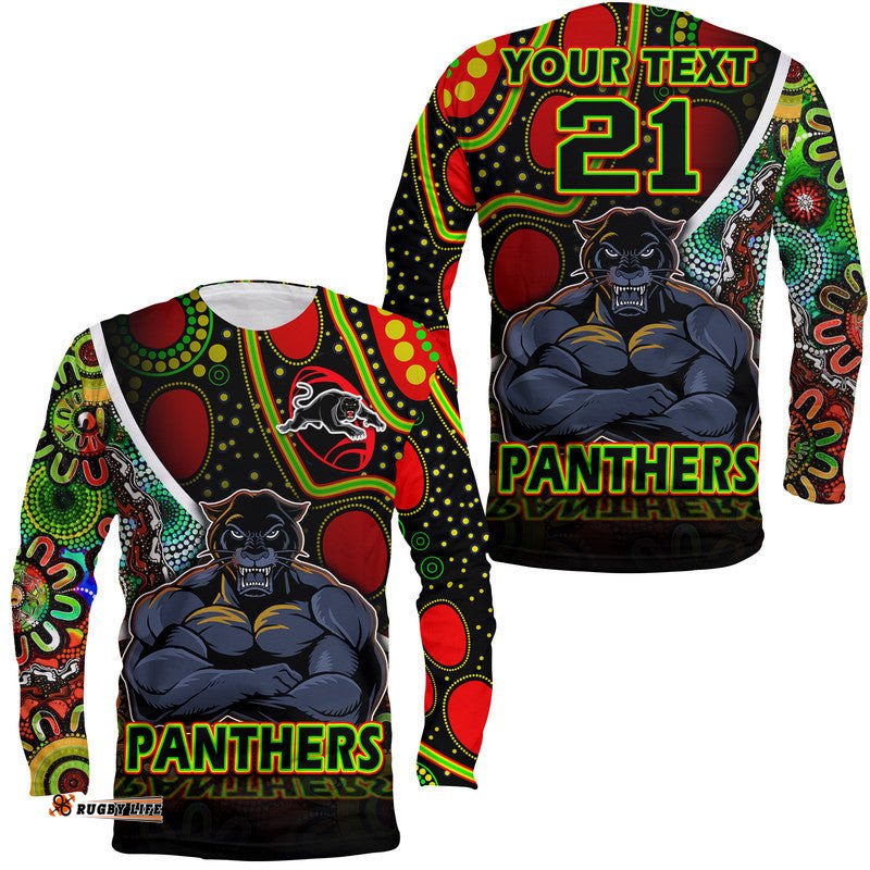Custom Personalised Penrith Panthers Long Sleeve T-shirt Strong Panthers Legend With Special Aboriginal Style