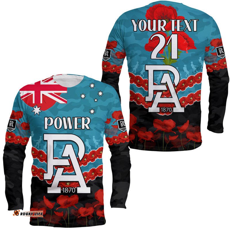 Custom Personalised Port Adelaide Power Football ANZAC Long Sleeve T-shirt Lest We Forget