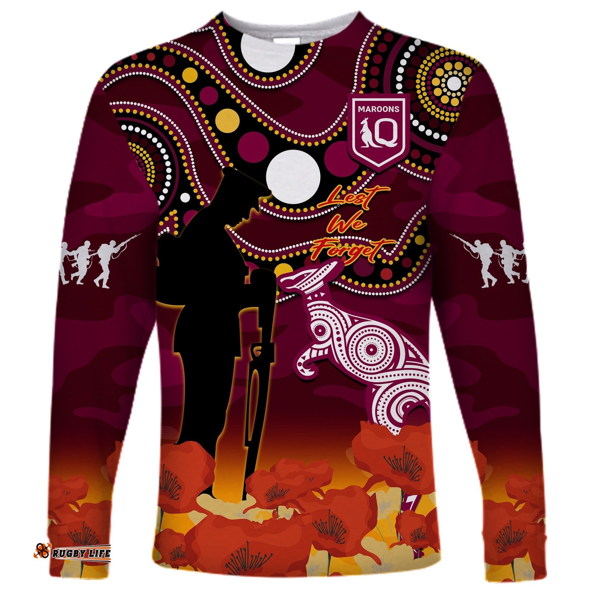 Maroons Rugby ANZAC Long Sleeve T-shirt QLD Aboriginal Mix Poppy Camouflage
