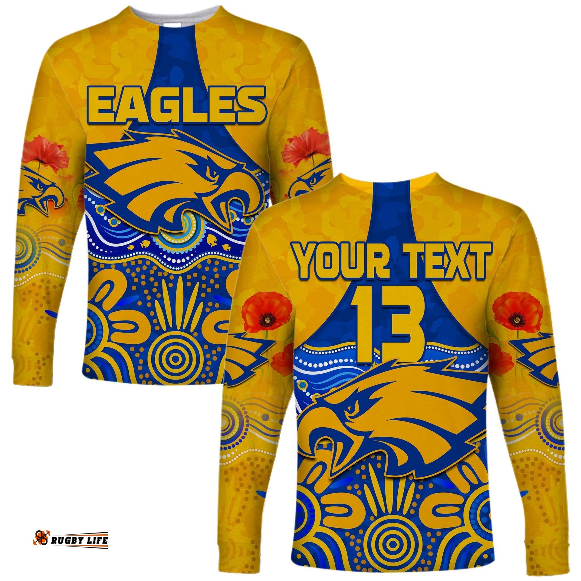 Custom Text and Number Eagles Anzac Long Sleeve T-shirt West Coast Aboriginal Remember Them