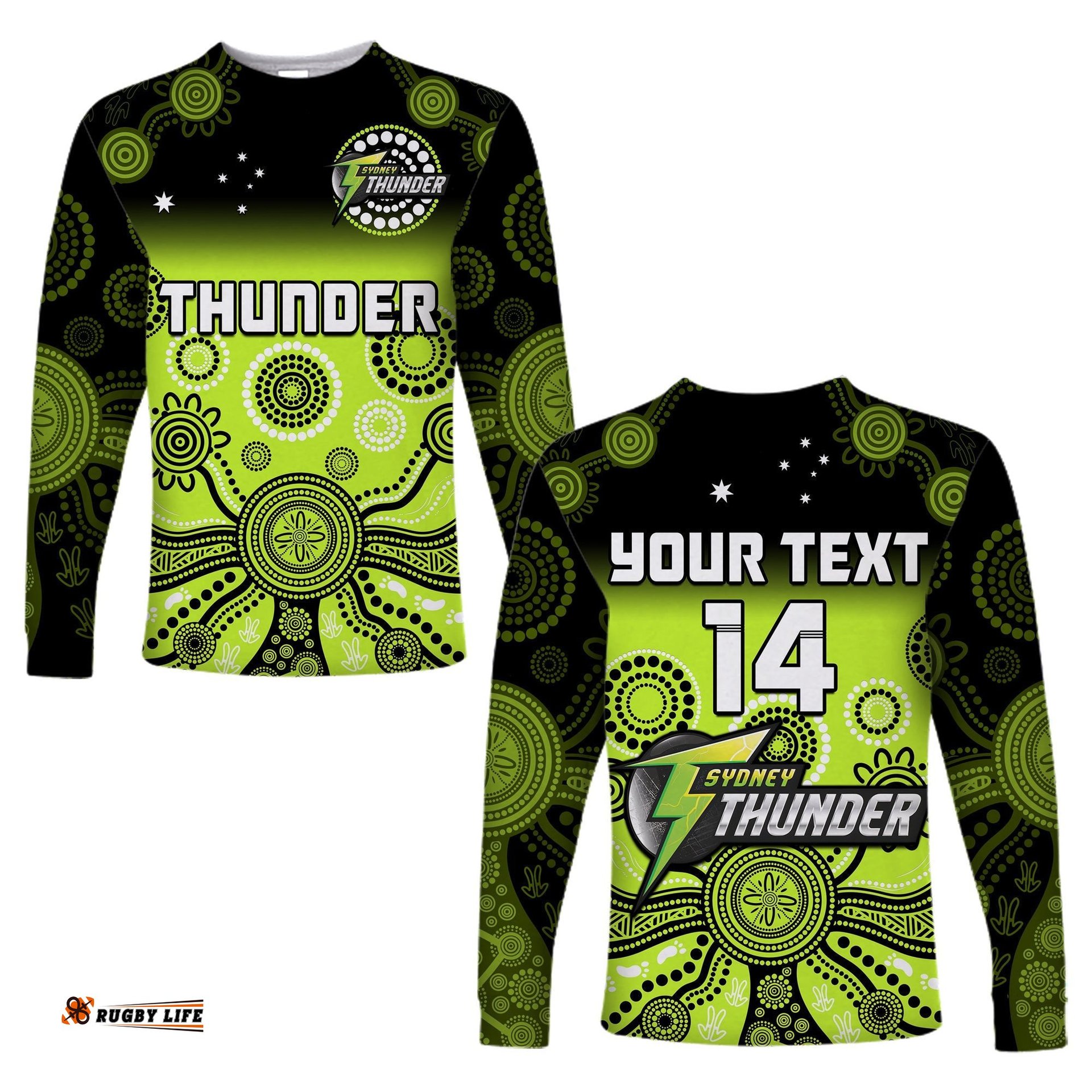 Custom Text And Number Thunder Long Sleeve T-shirt Sydney Gradient Aboriginal Art