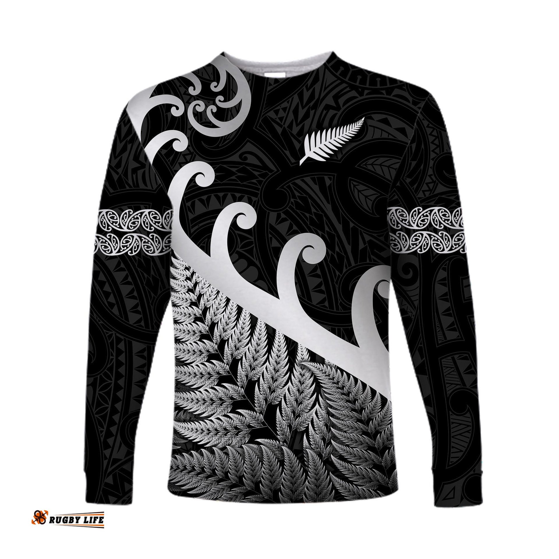 New Zealand Rugby Maori Long Sleeve T-shirt Silver Fern Koru Black