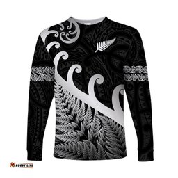 New Zealand Rugby Maori Long Sleeve T-shirt Silver Fern Koru Black