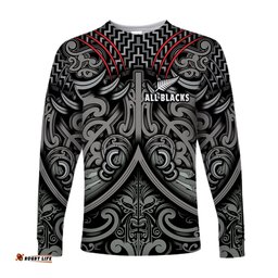Custom Text and Number New Zealand Silver Fern Rugby Long Sleeve T-shirt All Black NZ Maori Pattern