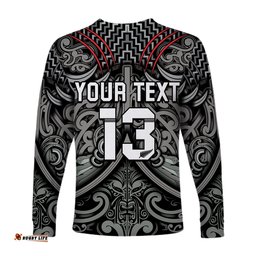 Custom Text and Number New Zealand Silver Fern Rugby Long Sleeve T-shirt All Black NZ Maori Pattern